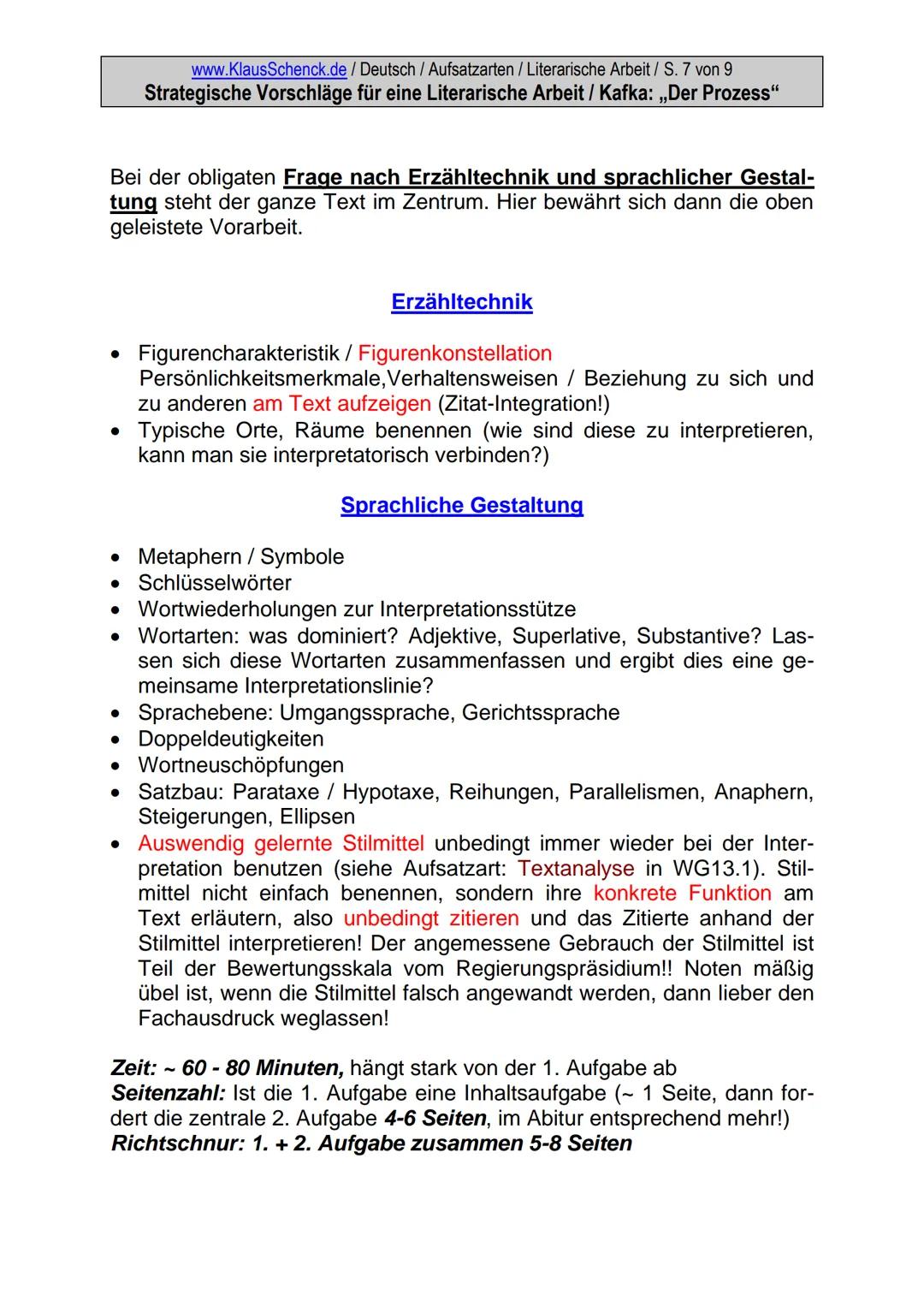 www.KlausSchenck.de / Deutsch / Aufsatzarten / Literarische Arbeit / S. 1 von 9
Strategische Vorschläge für eine Literarische Arbeit / Kafka