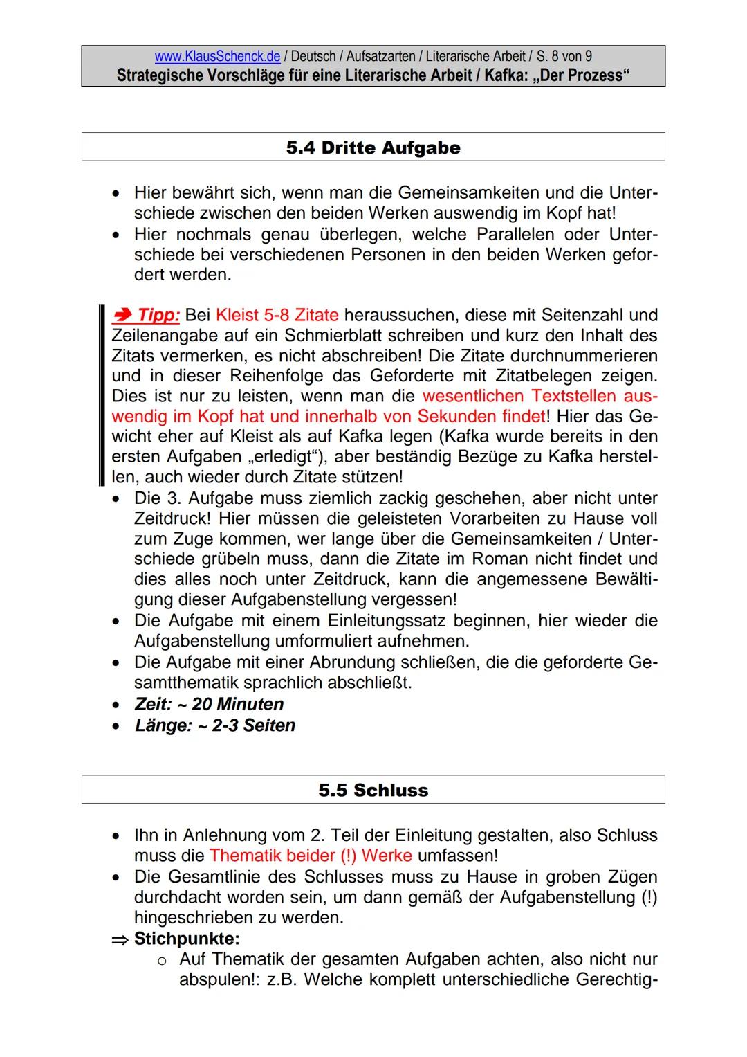 www.KlausSchenck.de / Deutsch / Aufsatzarten / Literarische Arbeit / S. 1 von 9
Strategische Vorschläge für eine Literarische Arbeit / Kafka