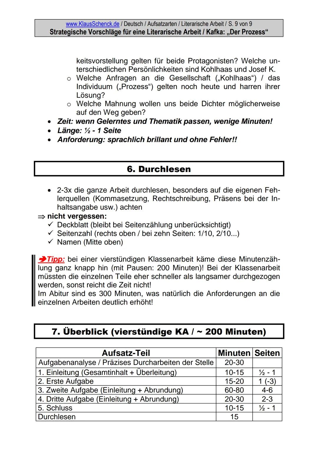 www.KlausSchenck.de / Deutsch / Aufsatzarten / Literarische Arbeit / S. 1 von 9
Strategische Vorschläge für eine Literarische Arbeit / Kafka