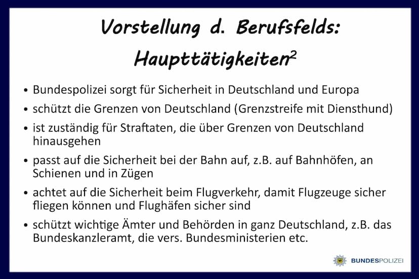 Polizist/-in
bei der
BUNDESPOLIZEI
@1gb 7634 Gliederung
Vorstellung des Berufsfelds
Persönliche Anforderungen
Ausbildungsgang
Persönliche Be