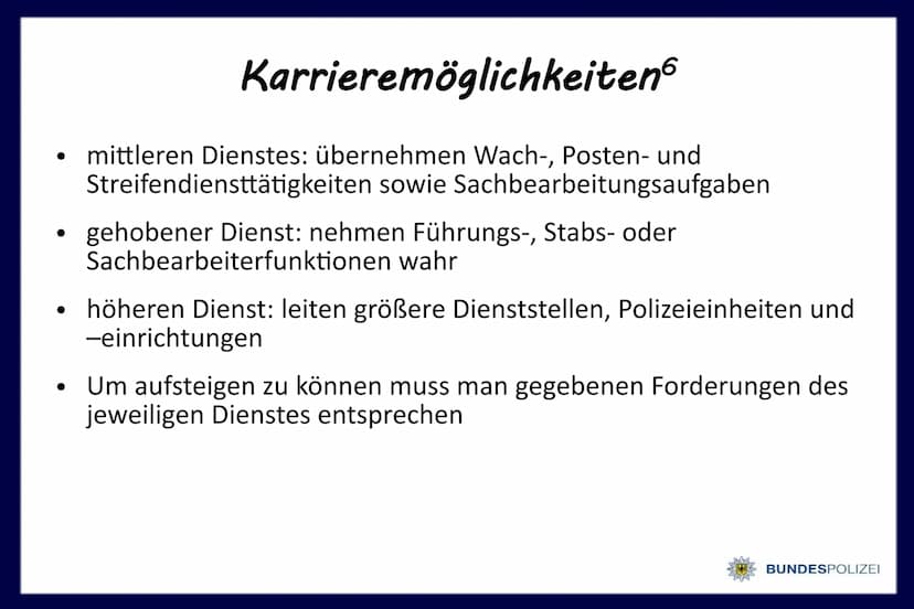 Polizist/-in
bei der
BUNDESPOLIZEI
@1gb 7634 Gliederung
Vorstellung des Berufsfelds
Persönliche Anforderungen
Ausbildungsgang
Persönliche Be