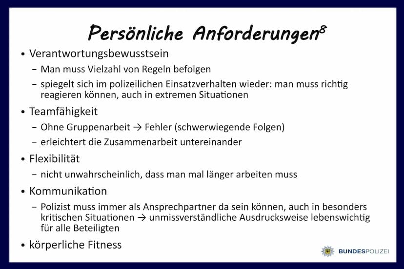 Polizist/-in
bei der
BUNDESPOLIZEI
@1gb 7634 Gliederung
Vorstellung des Berufsfelds
Persönliche Anforderungen
Ausbildungsgang
Persönliche Be