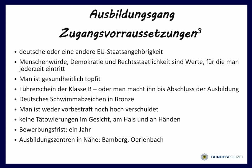 Polizist/-in
bei der
BUNDESPOLIZEI
@1gb 7634 Gliederung
Vorstellung des Berufsfelds
Persönliche Anforderungen
Ausbildungsgang
Persönliche Be