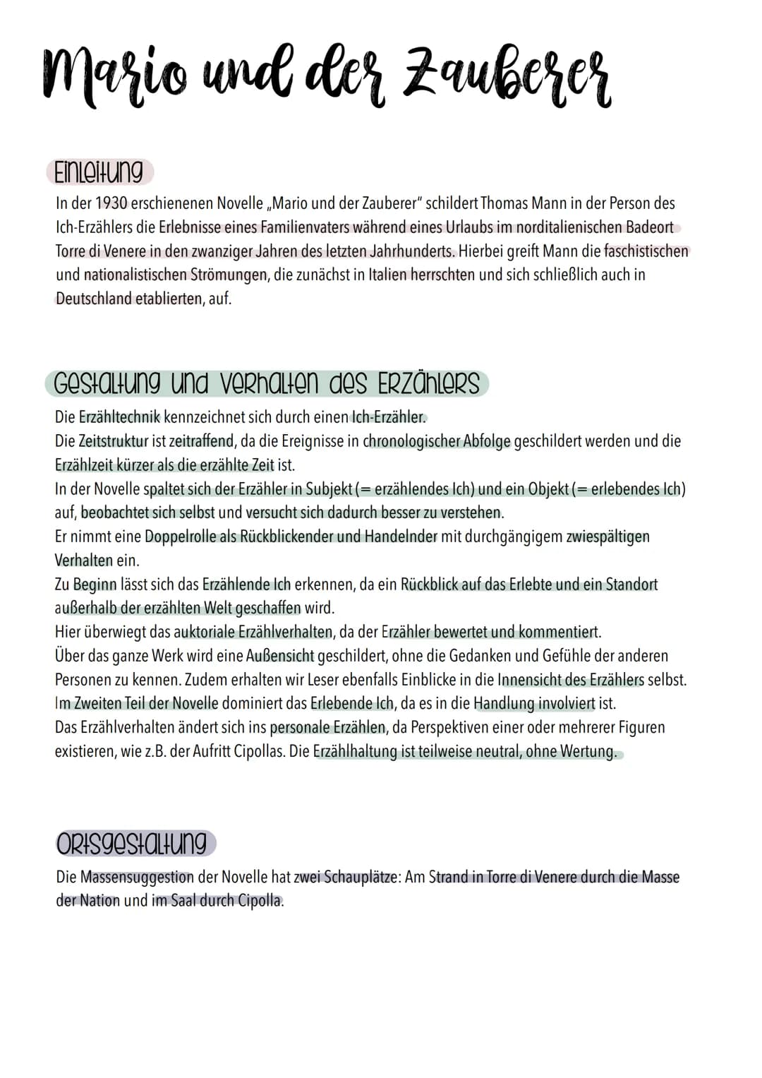Mario und der Zauberer
Einleitung
In der 1930 erschienenen Novelle ,,Mario und der Zauberer" schildert Thomas Mann in der Person des
Ich-Erz