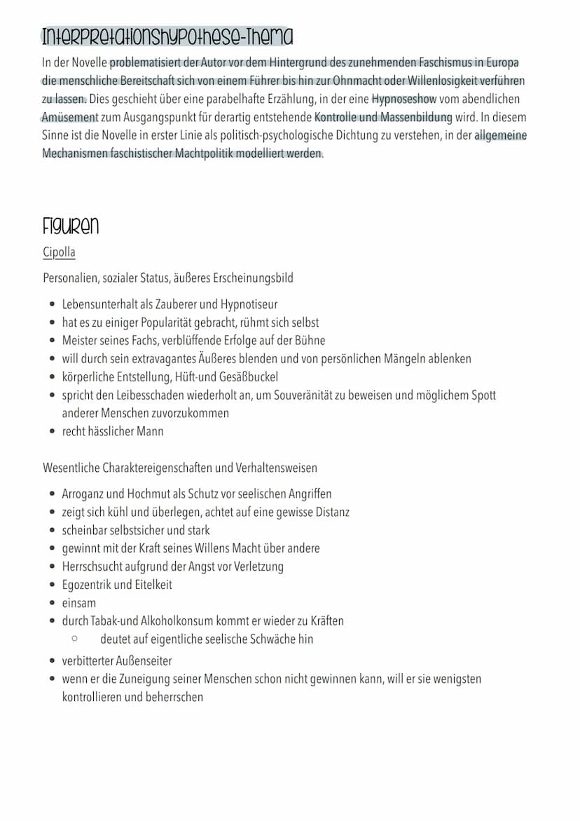 Mario und der Zauberer
Einleitung
In der 1930 erschienenen Novelle ,,Mario und der Zauberer" schildert Thomas Mann in der Person des
Ich-Erz