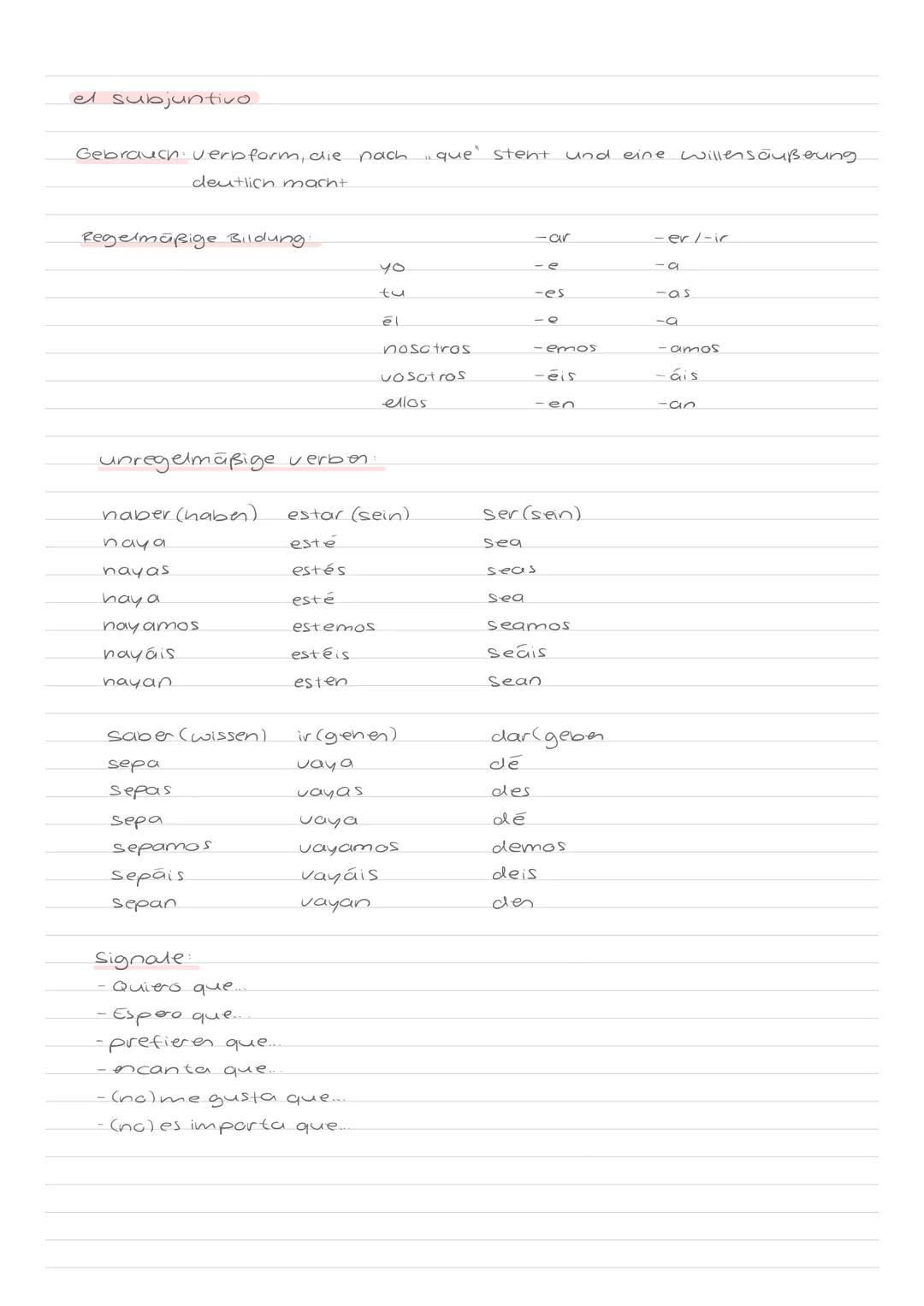 el subjuntivo

Gebrauch verbform, die nach que stent und eine willensäußerung.
deutlich macht

Regelmäßige Bildung

|      | -ar | er/-ir |
