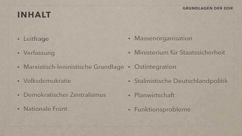 Es lebe die
DEUTSCHE
DEMOKRATISCHE REPUBLIK
FDO
GRUNDLAGEN DER DDR
S INHALT
●
●
●
●
●
●
Leitfrage
Verfassung
Marxistisch-leninistische Grund