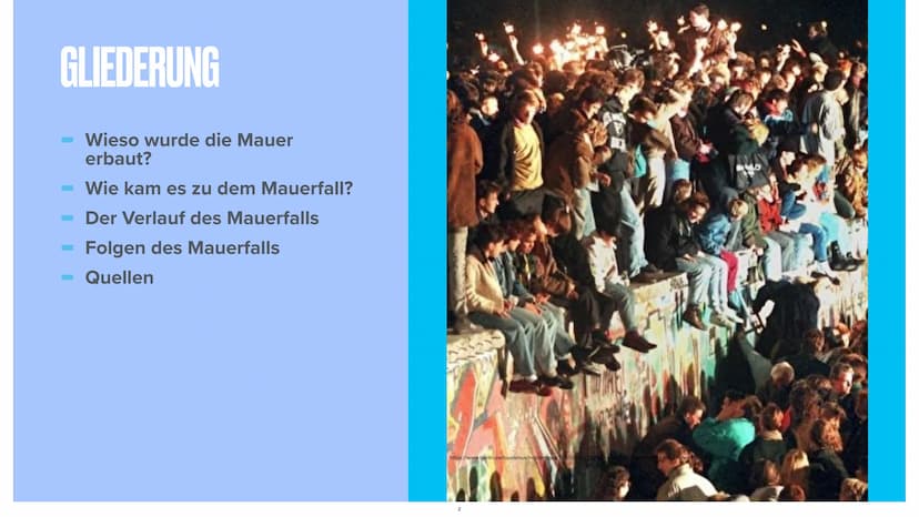 9. NOVEMBER 1989
DER MAUERFALL GLIEDERUNG
Wieso wurde die Mauer
erbaut?
Wie kam es zu dem Mauerfall?
Der Verlauf des Mauerfalls
Folgen des M