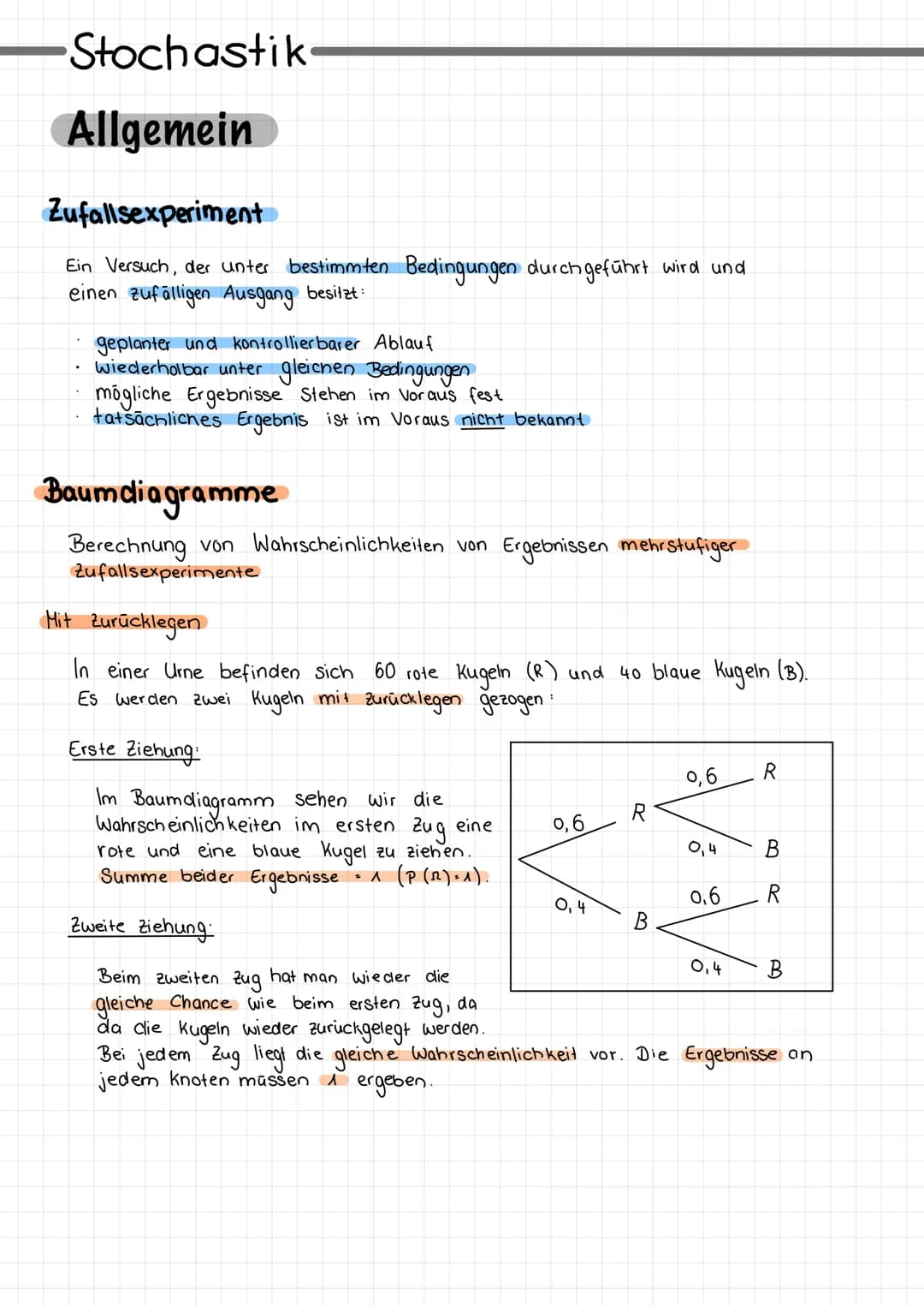 Stochastik
Allgemein
Zufallsexperiment
Ein Versuch, der unter bestimmten Bedingungen durchgeführt wird und
einen zufälligen Ausgang besitzt: