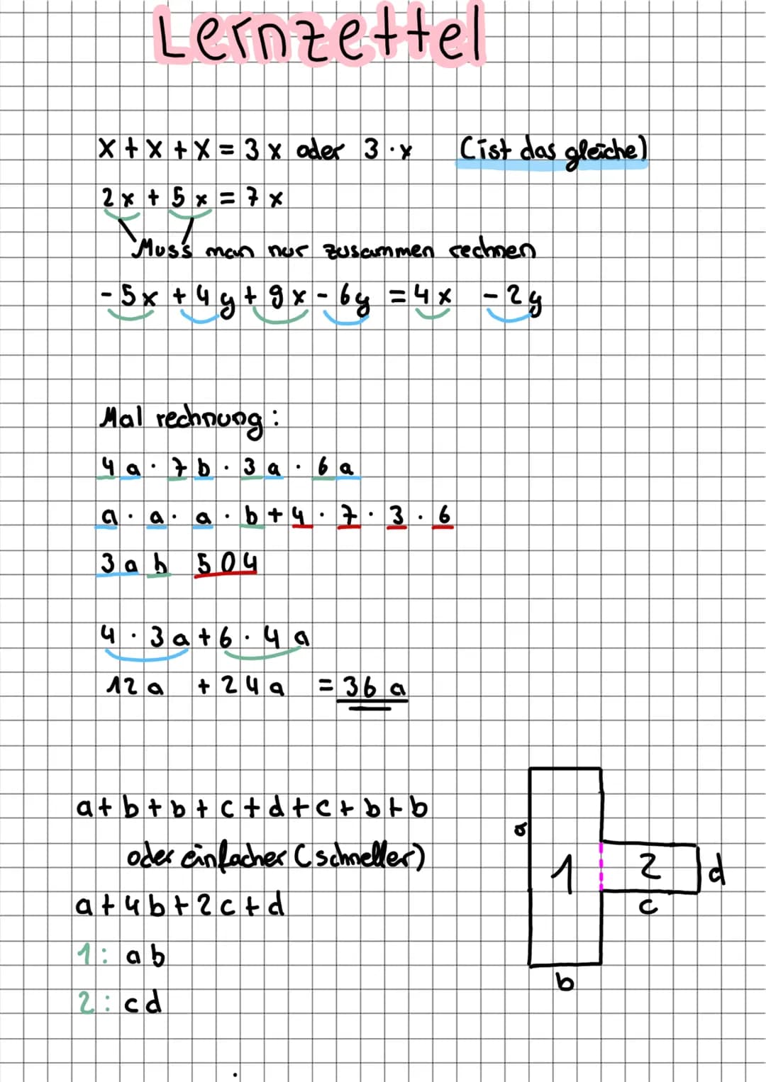 Lernzettel
X+X+X=3 x oder 3.x
2x + 5 x 7 x
MUSS
Muss man nur zusammen rechnen
-5x + 4 g+ 9x-by = 4x - 2y
Mal rechnung:
4a7b. 3 a 6 a
a. a. a