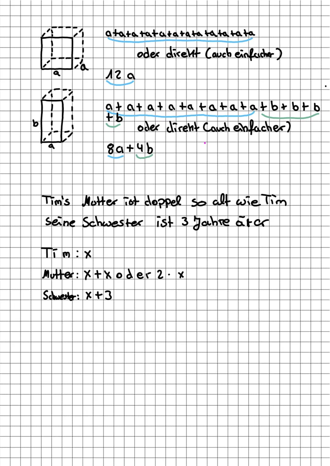 Lernzettel
X+X+X=3 x oder 3.x
2x + 5 x 7 x
MUSS
Muss man nur zusammen rechnen
-5x + 4 g+ 9x-by = 4x - 2y
Mal rechnung:
4a7b. 3 a 6 a
a. a. a