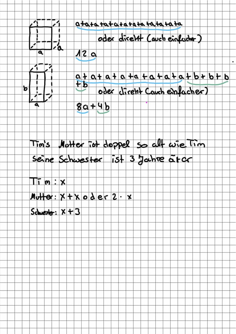 Lernzettel
X+X+X=3 x oder 3.x
2x + 5 x 7 x
MUSS
Muss man nur zusammen rechnen
-5x + 4 g+ 9x-by = 4x - 2y
Mal rechnung:
4a7b. 3 a 6 a
a. a. a