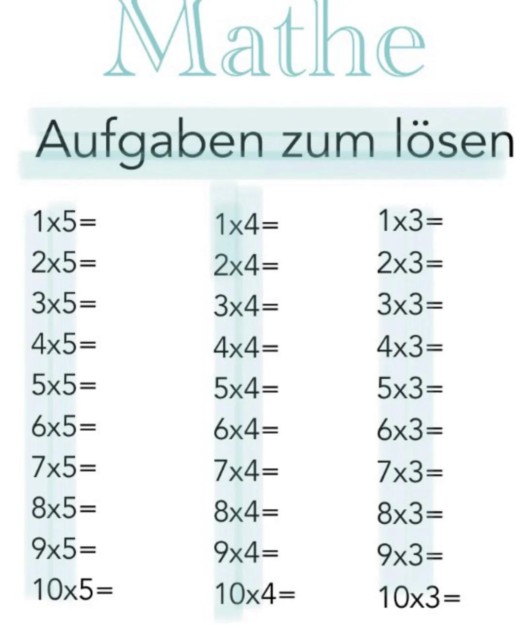 Mathe

Aufgaben zum lösen

1x5=
1x4=
1x3=
2x5=
2x4=
2x3=
3x5=
3x4=
3x3=
4x5=
4x4=
4x3=
5x5=
5x4=
5x3=
6x5=
6x4=
6x3=
7x5=
7x4=
7x3=
8x5=
8x4