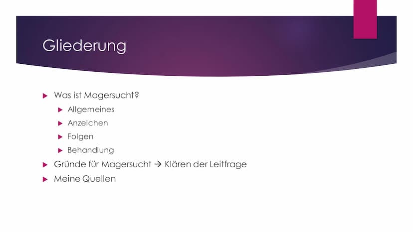 Magersucht
WARUM GERATEN SO VIELE MÄDCHEN IN DIESE LAGE? Gliederung
► Was ist Magersucht?
Allgemeines
Anzeichen
► Folgen
Behandlung
▸ Gründe