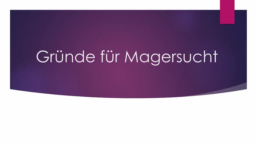Magersucht
WARUM GERATEN SO VIELE MÄDCHEN IN DIESE LAGE? Gliederung
► Was ist Magersucht?
Allgemeines
Anzeichen
► Folgen
Behandlung
▸ Gründe