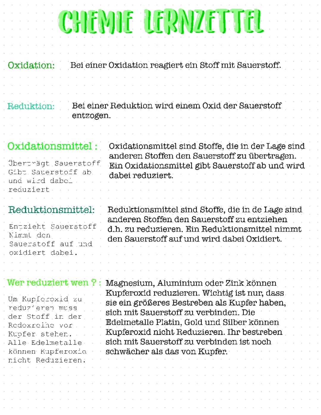 Chemie Lernzettel Redoxrekation 