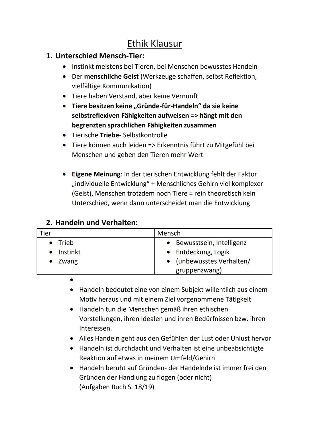 Ethik Klausur

1.  Unterschied Mensch-Tier:

*   Instinkt meistens bei Tieren, bei Menschen bewusstes Handeln
*   Der menschliche Geist (Wer