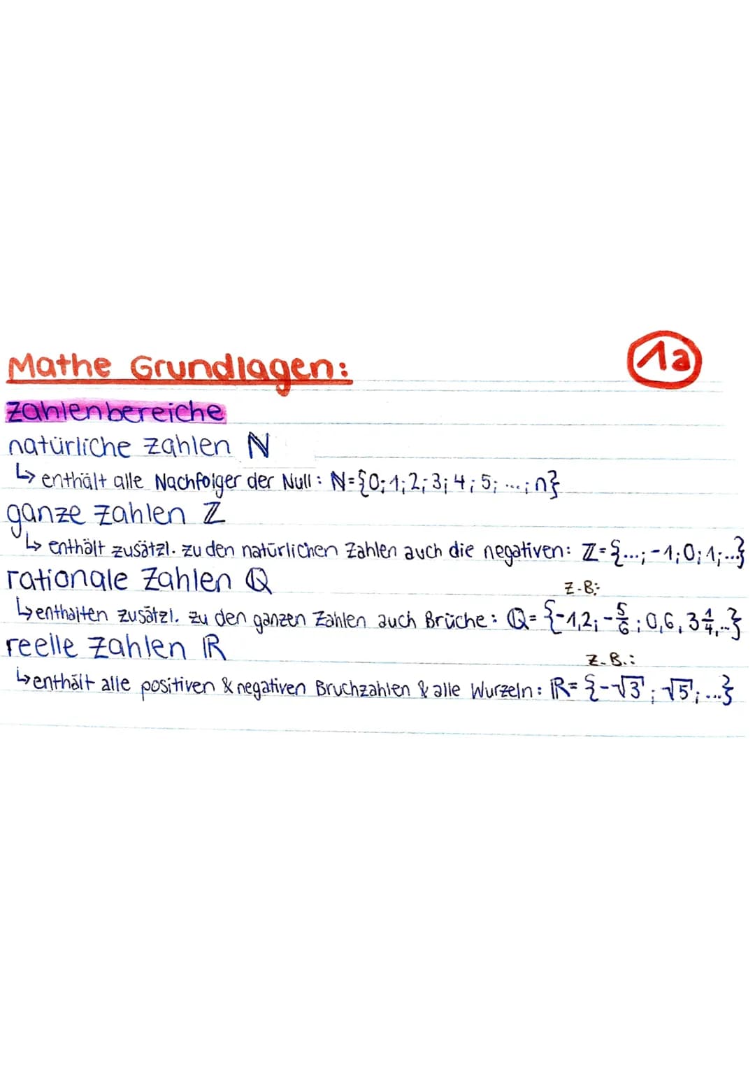 Mathe Grundlagen:
Ma
Zahlenbereiche
natürliche Zahlen N
Lenthält alle Nachfolger der Null: N= {0; 1; 2; 3; 4; 5; -; }
ganze zahlen z
↳> enth