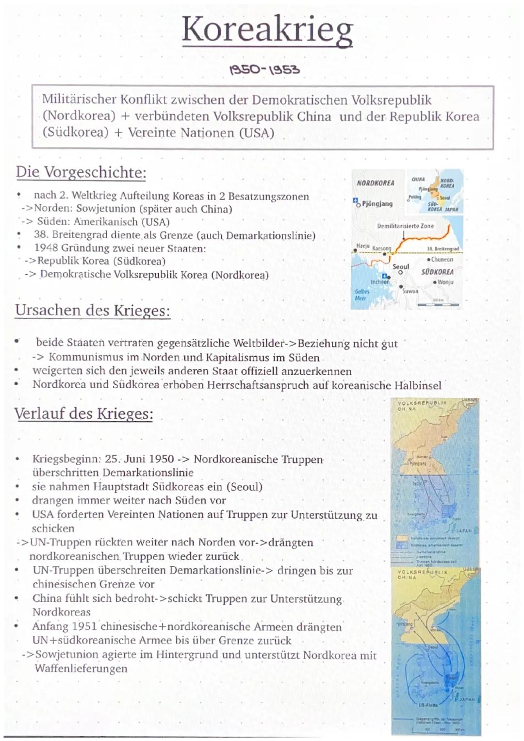 •
Die Vorgeschichte:
nach 2. Weltkrieg Aufteilung Koreas in 2 Besatzungszonen
->Norden: Sowjetunion (später auch China)
-> Süden: Amerikanis