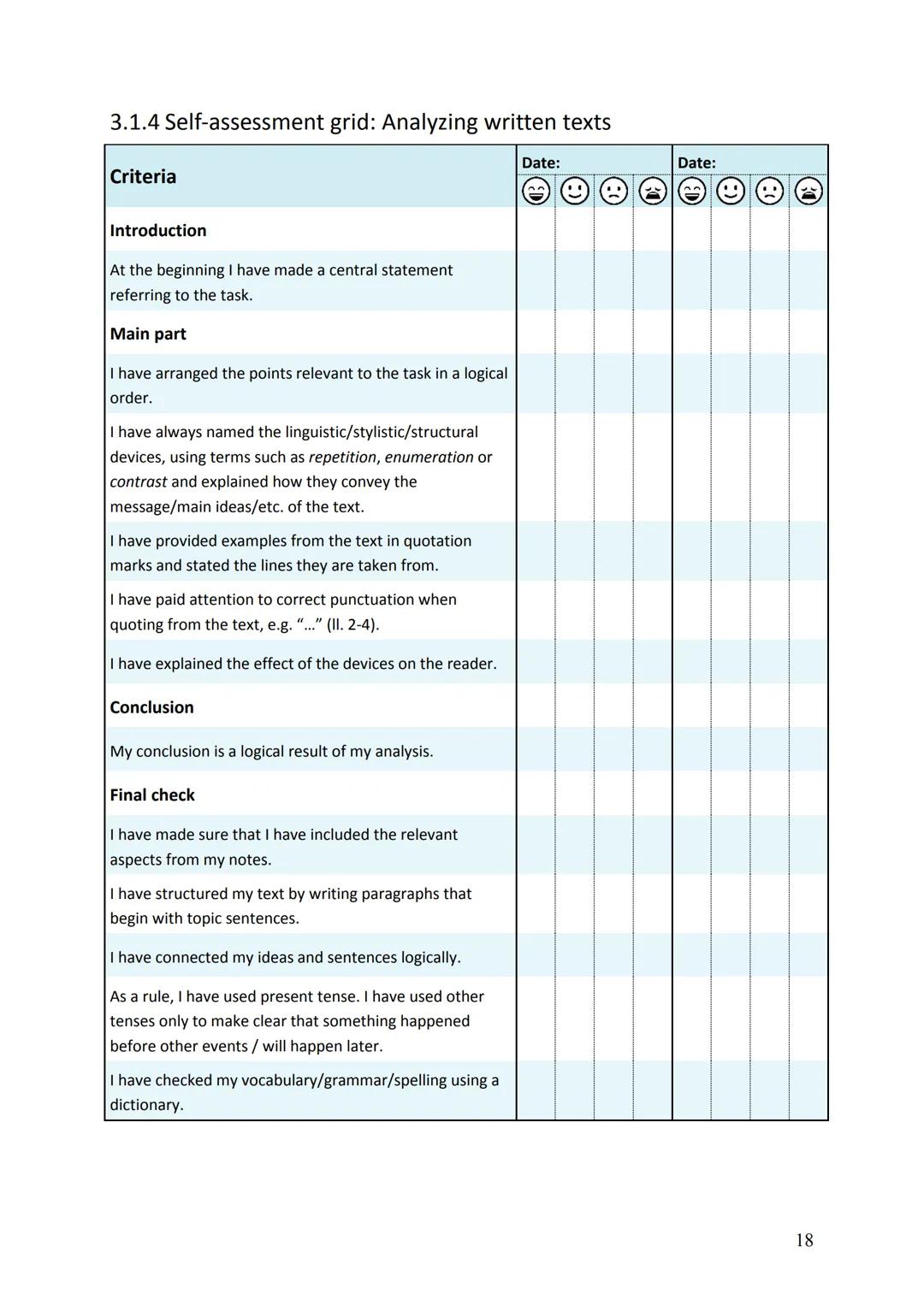 # 3 Analyzing texts

## 3.1 Analyzing written texts

### 3.1.1 Criteria for analyzing written texts

In an analysis, you are expected to sho