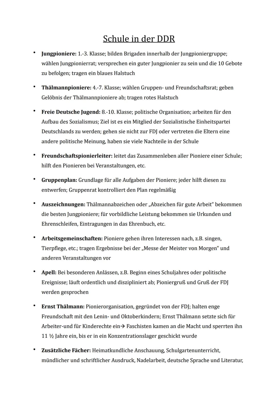 ●
●
●
●
●
●
Schule in der DDR
Jungpioniere: 1.-3. Klasse; bilden Brigaden innerhalb der Jungpioniergruppe;
wählen Jungpionierrat; verspreche