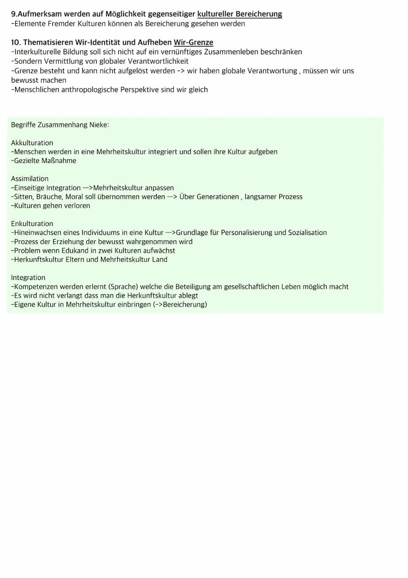 Nieke
Interkulturelle Erziehung:
-Interkulturell und nicht multikulturell (->Umgang miteinander und gegenseitige Beeinflussung)
-humanistisc