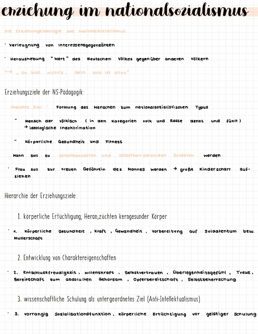 emichung im nationalsozialismus
Die Erziehungs ideologie des Nationalsozialismus
Erziehungsstaat:
alle Bereiche des Lebens sollten vom Staat