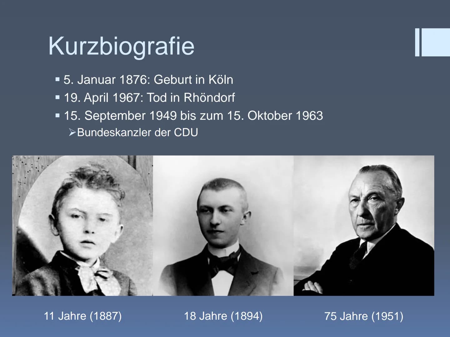 Konrad Adenauer
Name Gliederung
1. Kurzbiografie
2. Ziele seiner Politik
3. Westintegration
1. Petersberger Abkommen
2. Pariser Verträge
3. 