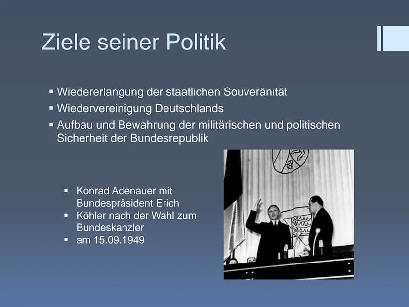 Konrad Adenauer
Name Gliederung
1. Kurzbiografie
2. Ziele seiner Politik
3. Westintegration
1. Petersberger Abkommen
2. Pariser Verträge
3. 