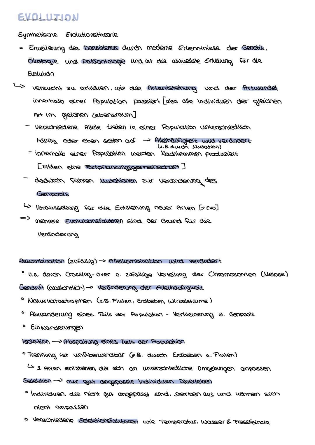# EVOLUTION

Synthetische Evolutionstheorie

=

↳
Erweiterung des Darwinismus durch moderne Erkenntnisse der Genetik,
Ökologie und Paläontol