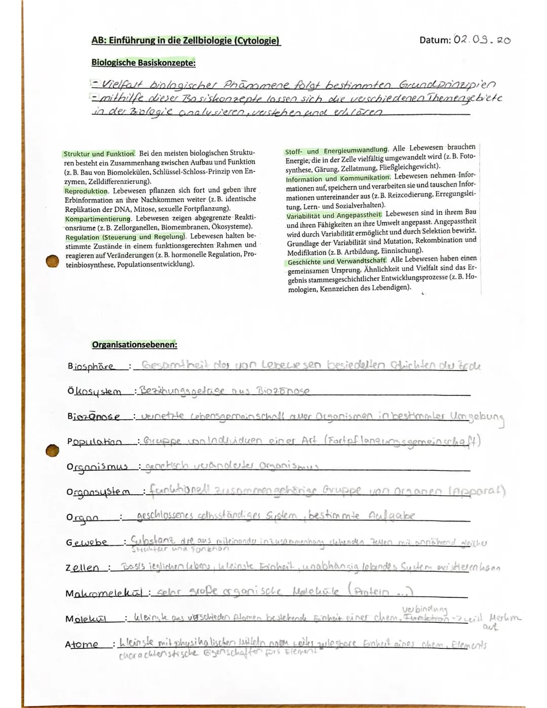 AB: Einführung in die Zellbiologie (Cytologie)
Biologische Basiskonzepte:
- Vielfalt biologischer Phänomene folgt bestimmten Grundprinzipien