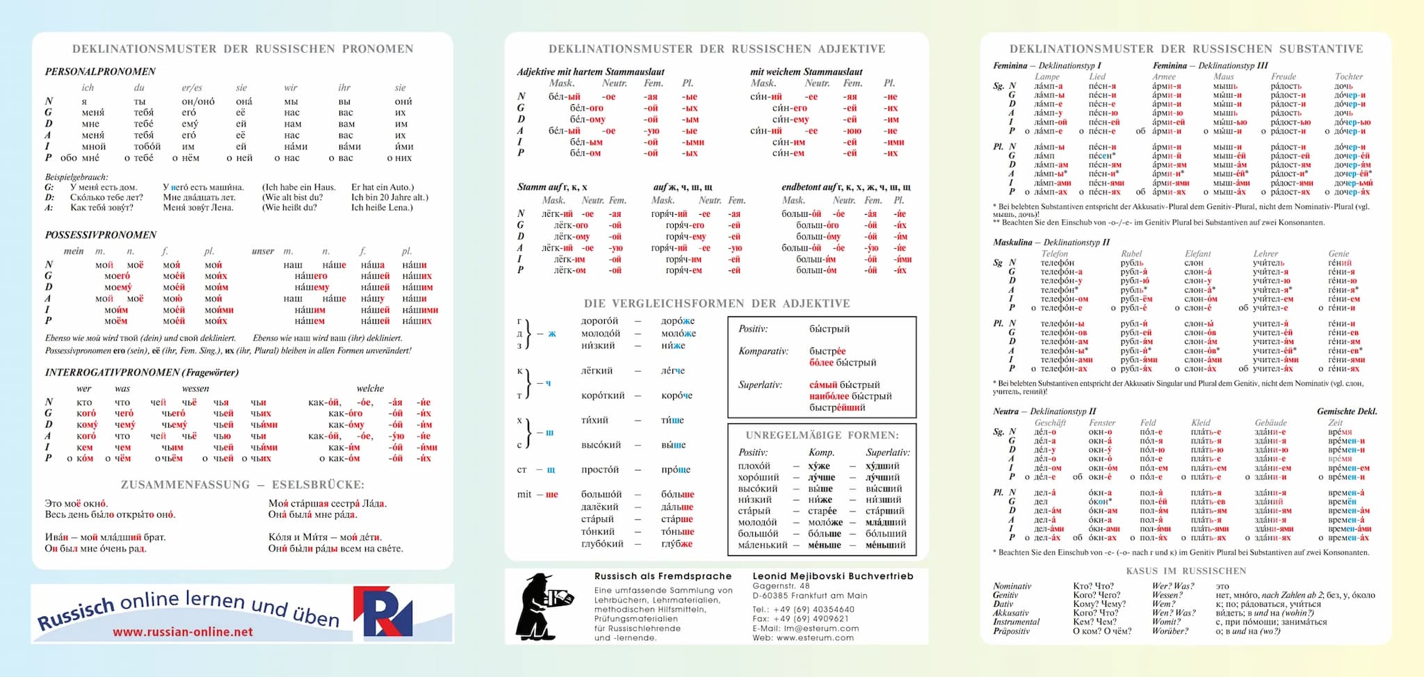 Infinitiv
lesen
e-Konjug.: читать
Präsens
я
ты
OH/OHa/оно
Мы
ВЫ
ОНИ
Präteritum
männlich
weiblich
sächlich
Plural
Imperativ
Singular
Plural
г