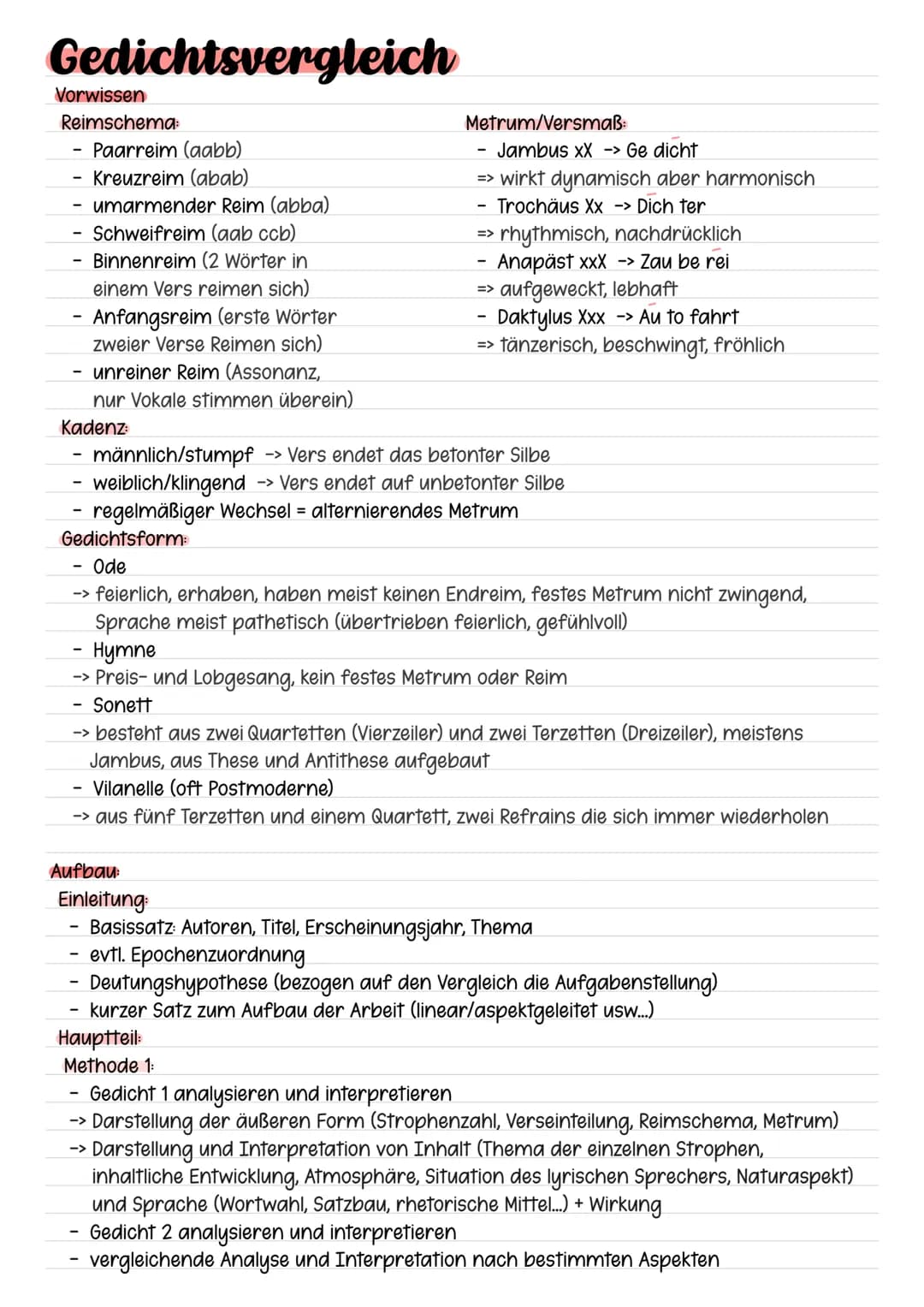 Gedichtsvergleich
Vorwissen
Reimschema:
Paarreim (aabb)
Kreuzreim (abab)
umarmender Reim (abba)
Schweifreim (aab ccb)
Binnenreim (2 Wörter i