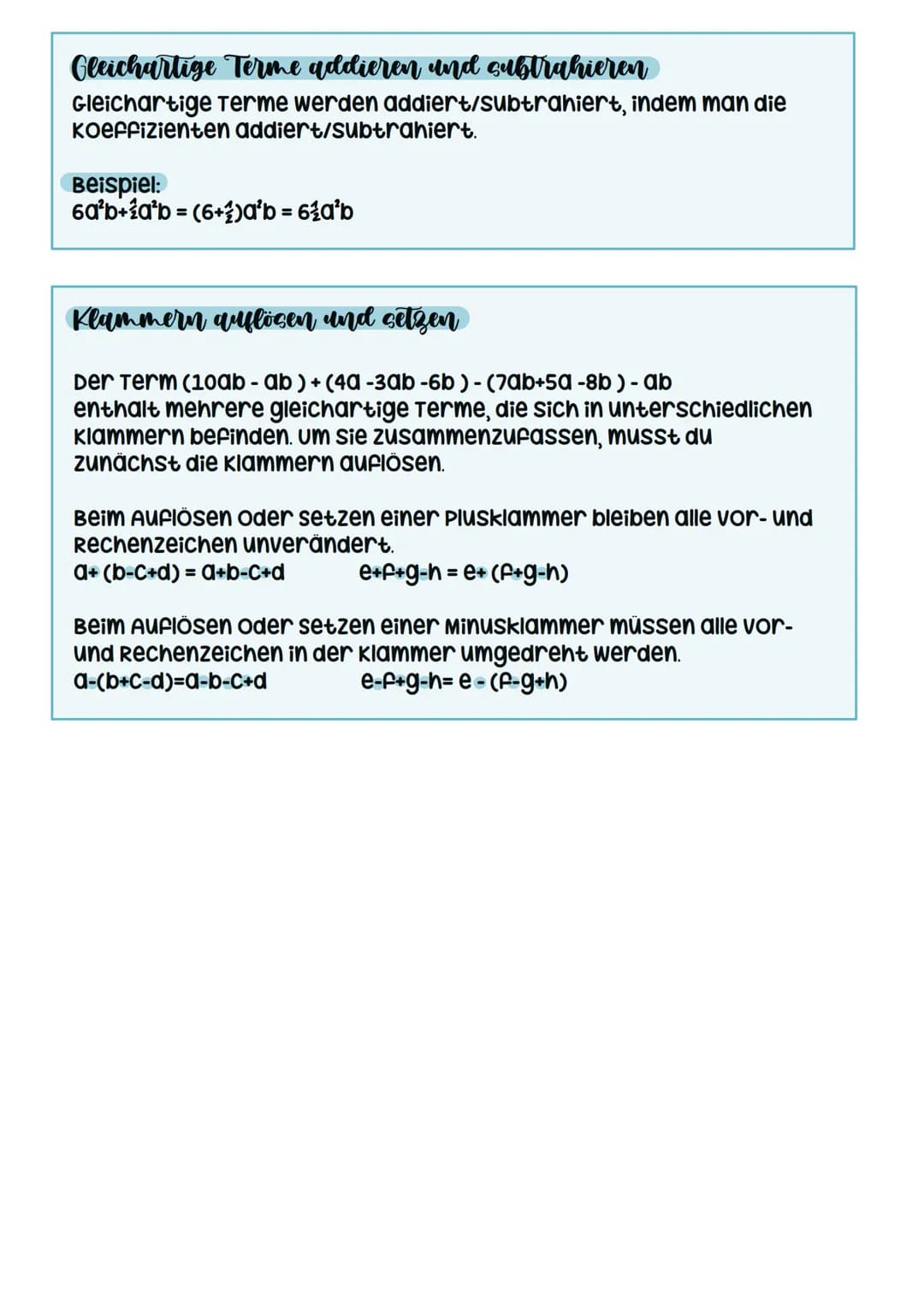 Terme
was in einer sprache das ,,wort" ist, ist in der Mathematik der
„Term". so wie jede sinnvolle zusammenstellung von Buchstaben und
Silb