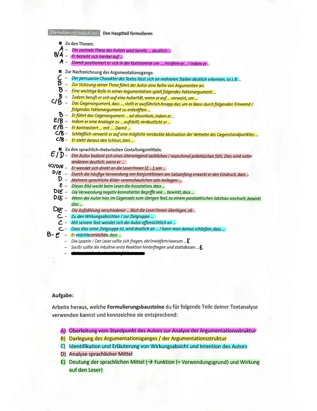 Formulierungsbausteine Den Hauptteil formulieren
Zu den Thesen:
A
- Die zentrale These des Autors wird bereits ... deutlich:...
B/A- Er bezi