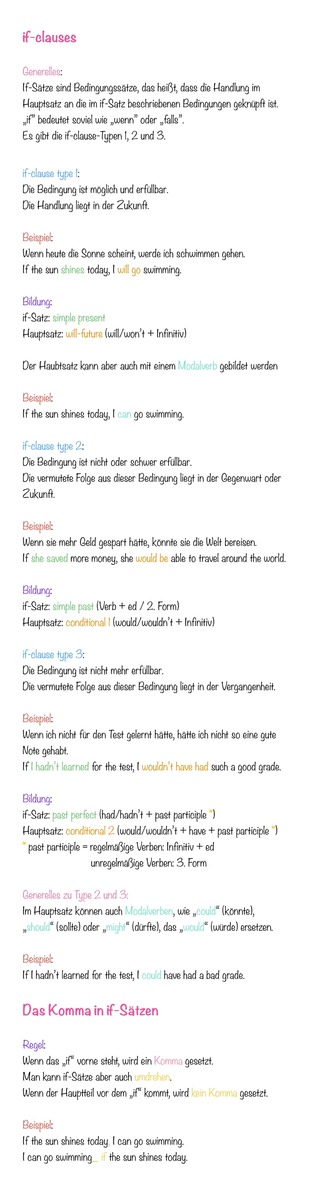 if-clauses
Generelles:
If-Sätze sind Bedingungssätze, das heißt, dass die Handlung im
Hauptsatz an die im if-Satz beschriebenen Bedingungen 