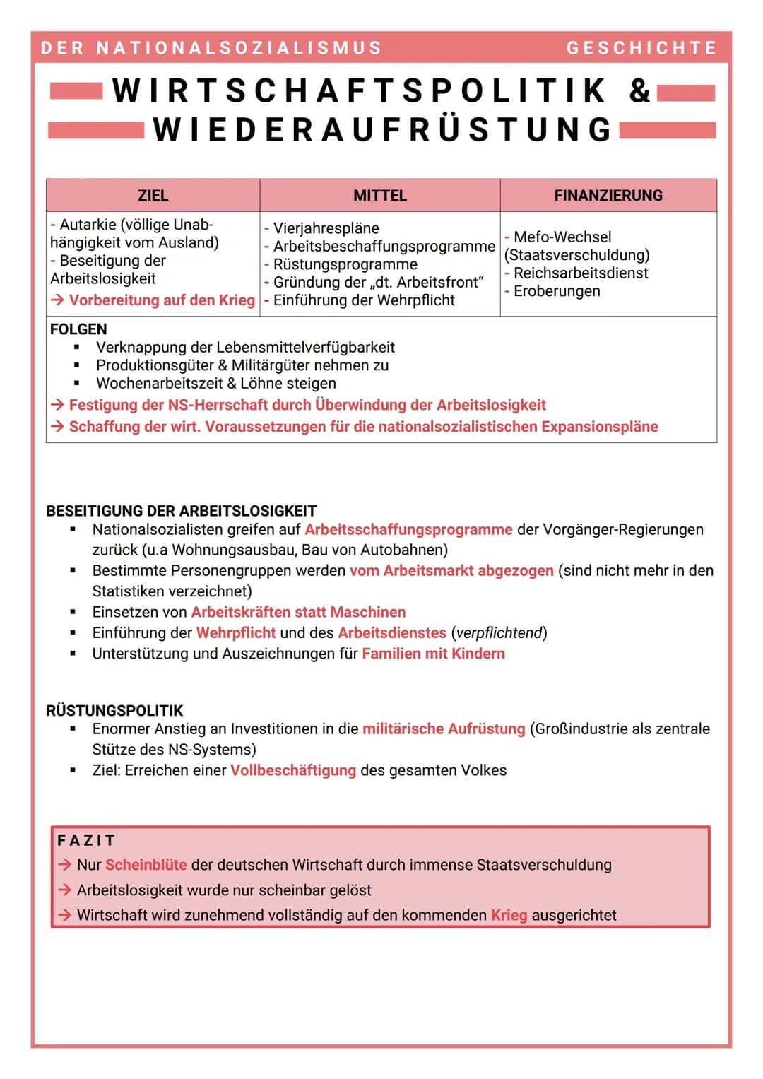 DER NATIONALSOZIALISMUS
ZIEL
- Autarkie (völlige Unab-
hängigkeit vom Ausland)
- Beseitigung der
Arbeitslosigkeit
■
WIRTSCHAFTSPOLITIK &
WIE