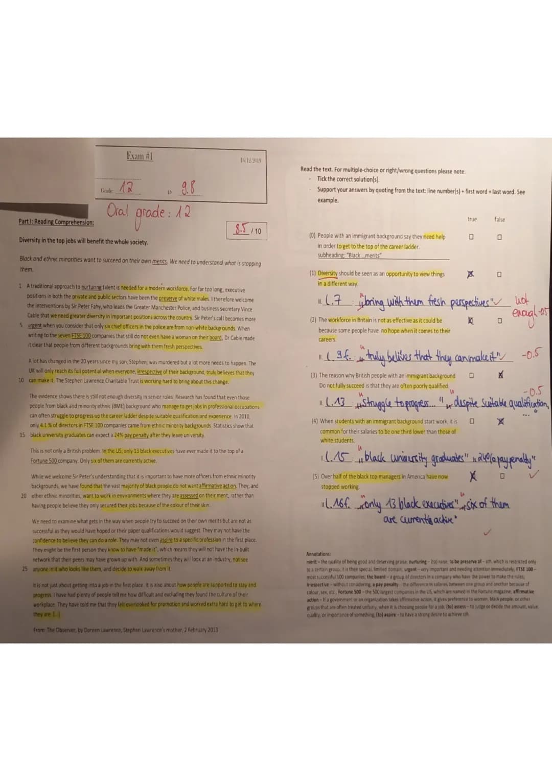 Exam #1
12
Oral grade:
Gradk
()
9.8
12
16/12/2019
Part 1: Reading Comprehension:
Diversity in the top jobs will benefit the whole society.
B