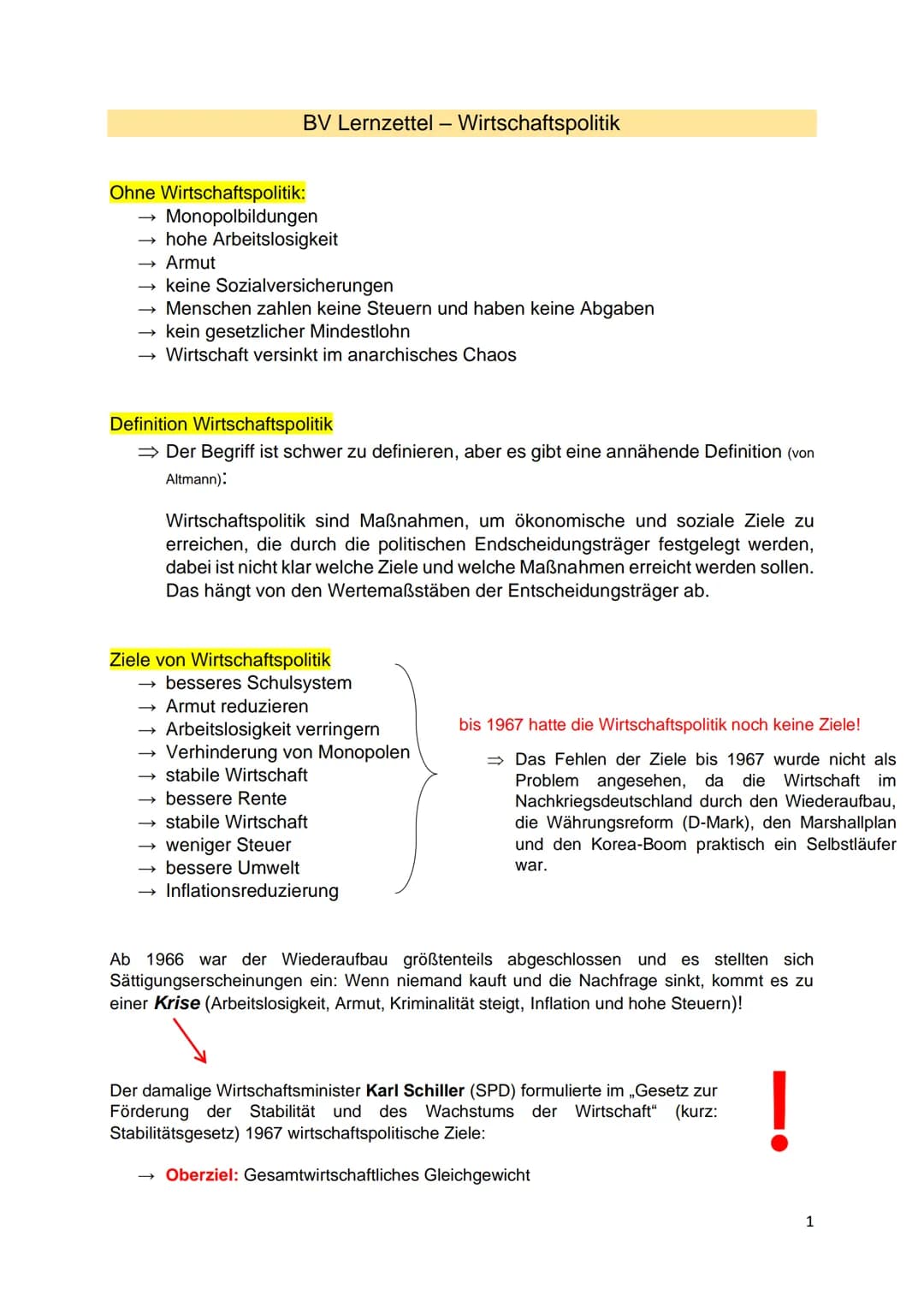 Ohne Wirtschaftspolitik:
Monopolbildungen
-
BV Lernzettel -
l – Wirtschaftspolitik
→ hohe Arbeitslosigkeit
Armut
keine Sozialversicherungen
