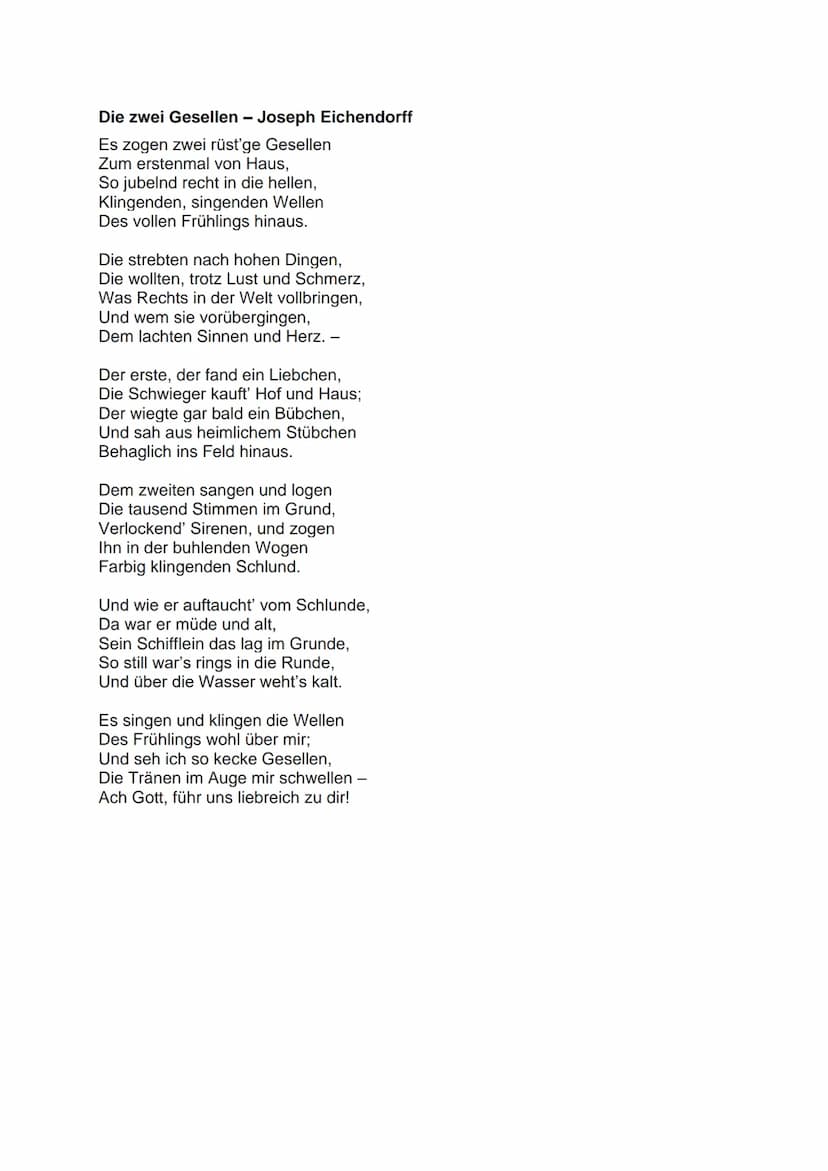 Kursstufe 2
Gedichtvergleich - Abitur Thema
Das romantische Gedicht „Die zwei Gesellen" von Joseph Eichendorff wurde 1818
veröffentlicht und