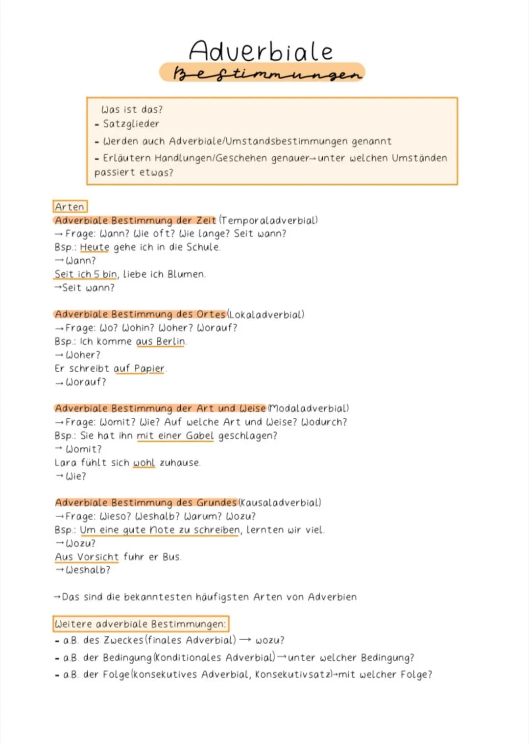 Adverbiale
Bestimmunge
Was ist das?
- Satzglieder
- Werden auch Adverbiale/Umstandsbestimmungen
genannt
- Erläutern Handlungen/Geschehen gen