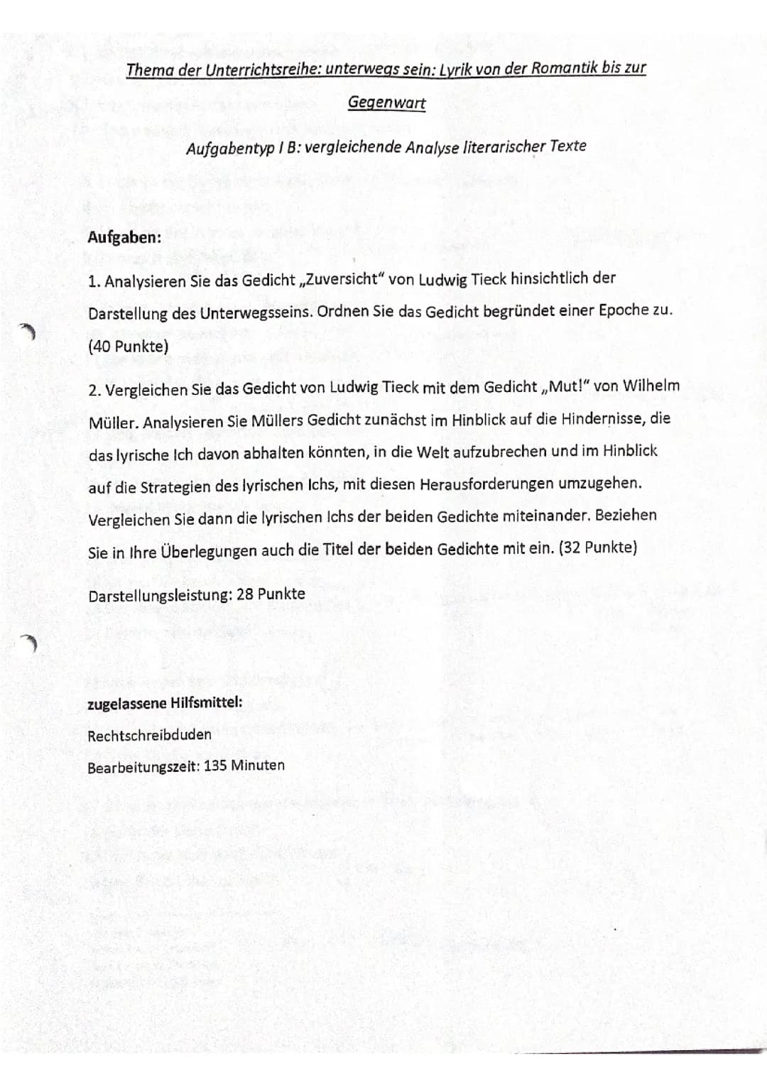Klausur zum Thema „Unterwegs sein“- Lyrik von der Romantik bis zur Gegenwart 