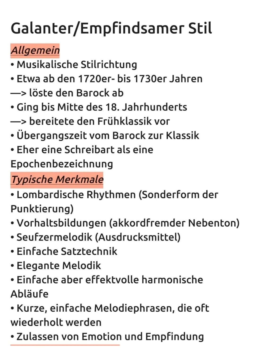 Galanter/Empfindsamer Stil
Allgemein
• Musikalische Stilrichtung
●
• Etwa ab den 1720er- bis 1730er Jahren
-> löste den Barock ab
Ging bis M