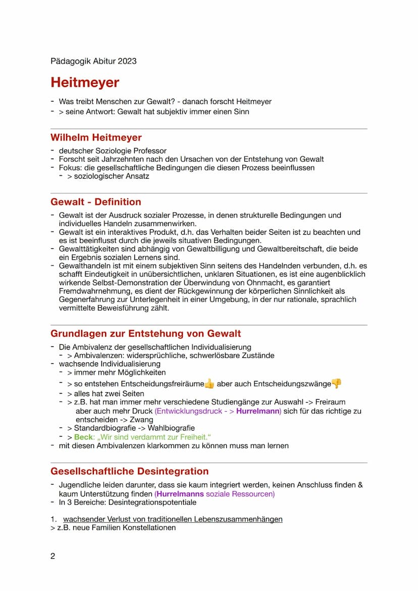 Pädagogik Abitur 2023
Gewalt
Als Risiko der
Identitätsentwicklung
Heitmeyer Pädagogik Abitur 2023
Heitmeyer
- Was treibt Menschen zur Gewalt