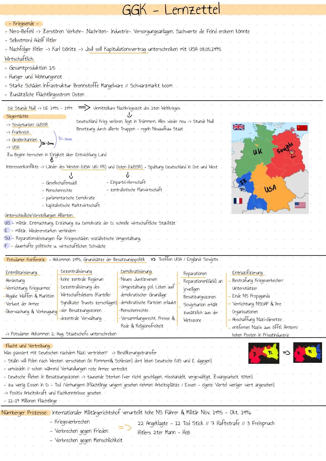 GGK - Lernzettel

- Kriegsende -

-Nero-Befehl -> Zerstören Verkehr- Nachriten- Industrie- Versorgungsanlagen, Sachwerte die Feind erobern k