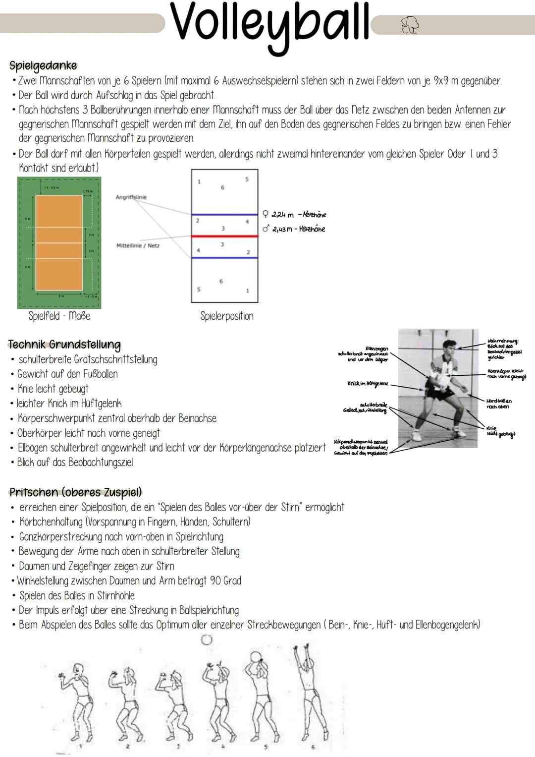 Volleyball
Spielgedanke
• Zwei Mannschaften von je 6 Spielern (mit maximal 6 Auswechselspielern) stehen sich in zwei Feldern von je 9x9 m ge