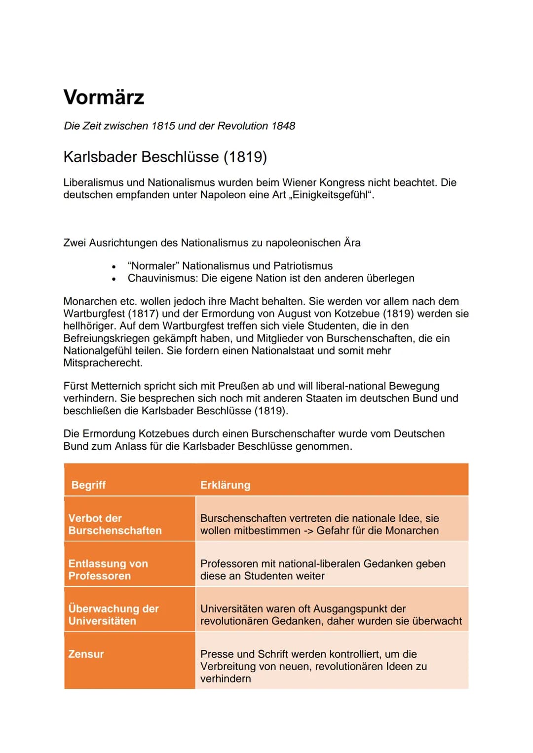 Vormärz
Die Zeit zwischen 1815 und der Revolution 1848
Karlsbader Beschlüsse (1819)
Liberalismus und Nationalismus wurden beim Wiener Kongre