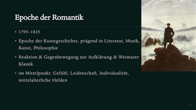 Romantik
EPOCHE DER
GROBEN GEFÜHLE
Deutsch Präsentation Seraphina Bowitz Inhalt
●
●
• Historischer Hintergrund
●
●
Phasen
• Merkmale
●
Epoch