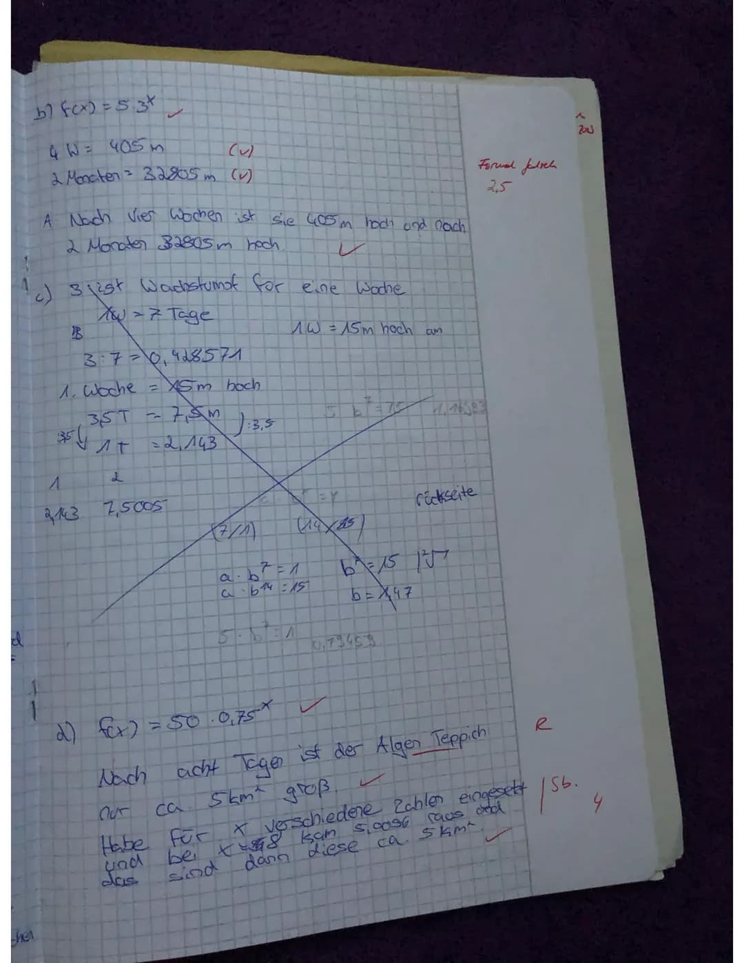 Hilfsmittel: Seite 1: keine; Seite 2: GTR
Aufgabe 1:
a) Der Graph der Exponentialfunktion mit f(x)=a-b* geht durch die Punkte P und Q. Besti