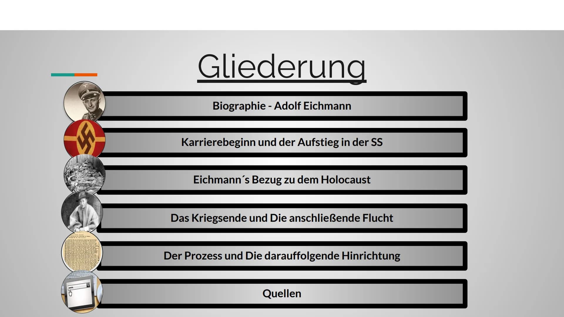 PRÄSENTATION ZU
ADOLF EICHMANN
Seminarfach - Die Deutschen und der Holocaust
Tutoren - Frau Hahne und Herr Lühring
von Yannick Diers 1166
Gl